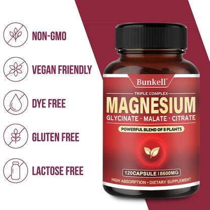 Bunkell® Magnesium Glycinate Malate Citrate – Triple Complex Dietary Supplement | 30/60/120 Capsules