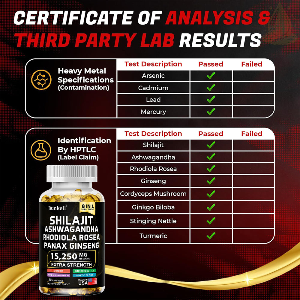 Bunkell® Shilajit Ashwagandha Complex – 15,250mg 8-in-1 Herbal Blend with Rhodiola, Panax Ginseng & Ginkgo Biloba | 30 / 60 / 120 Capsules
