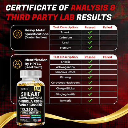 Bunkell® Shilajit Ashwagandha Complex – 15,250mg 8-in-1 Herbal Blend with Rhodiola, Panax Ginseng & Ginkgo Biloba | 30 / 60 / 120 Capsules