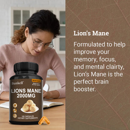 Bunkell® Organic Lion's Mane Mushroom Extract 2000mg with BioPerine – Nootropic Brain & Focus Support Supplement (120 Capsules / 2-Month Supply)