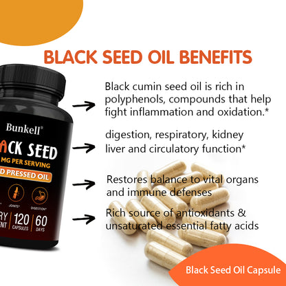 Bunkell® Black Seed Oil 1500mg – Cold-Pressed Black Seed Oil for Immune, Joint & Digestive Support | 30 / 60 / 120 Capsules