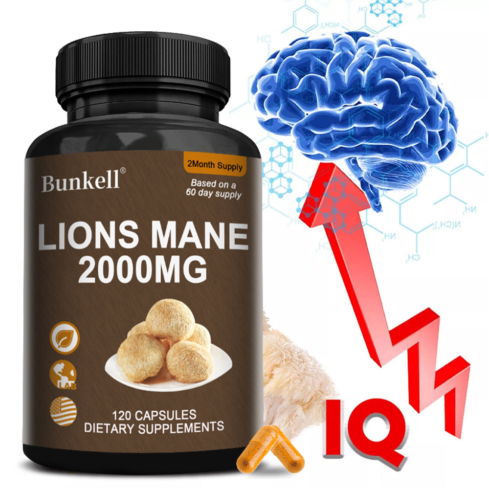 Bunkell® Organic Lion's Mane Mushroom Extract 2000mg with BioPerine – Nootropic Brain & Focus Support Supplement (120 Capsules / 2-Month Supply)