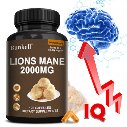 Bunkell® Organic Lion's Mane Mushroom Extract 2000mg with BioPerine – Nootropic Brain & Focus Support Supplement (120 Capsules / 2-Month Supply)