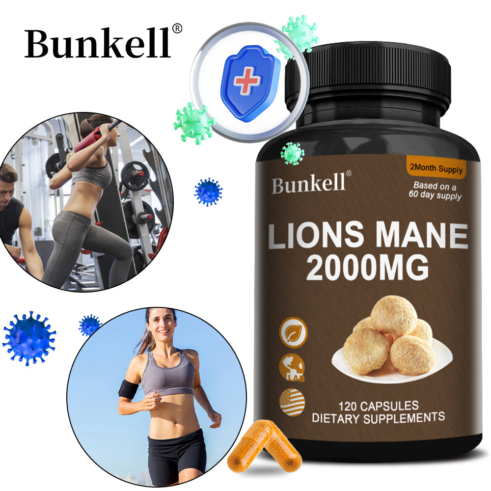 Bunkell® Organic Lion's Mane Mushroom Extract 2000mg with BioPerine – Nootropic Brain & Focus Support Supplement (120 Capsules / 2-Month Supply)
