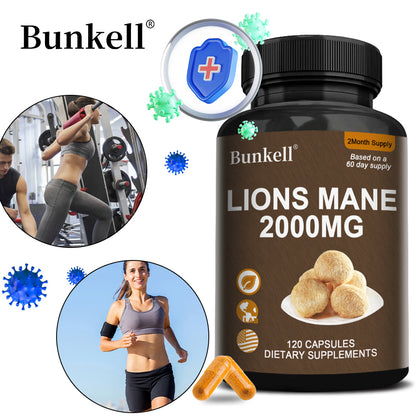Bunkell® Organic Lion's Mane Mushroom Extract 2000mg with BioPerine – Nootropic Brain & Focus Support Supplement (120 Capsules / 2-Month Supply)